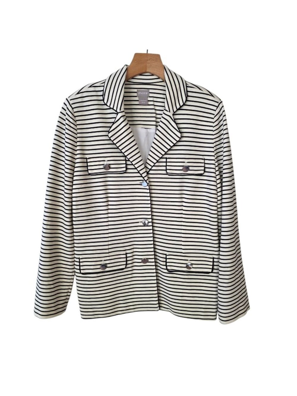 Chico’s Blazer Career Striped Knit Jacket Black Light Cream Stretch Pockets Sz M